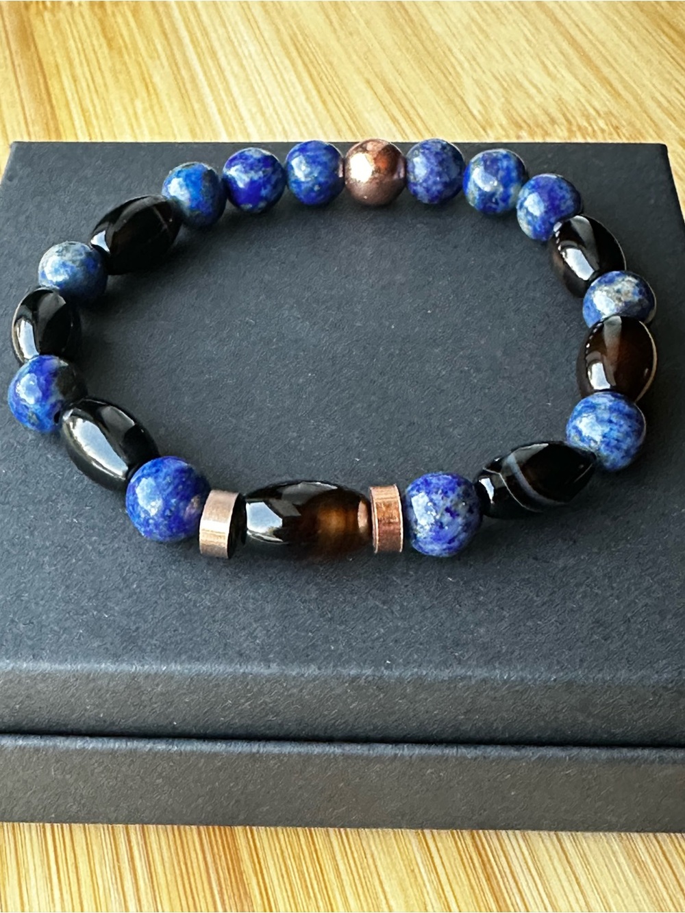 Hand Crafted Blue Lapis, Black Agate & Copper Men's Beaded Bracelet